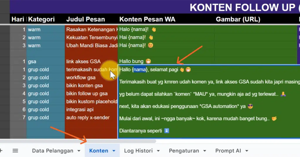 buat konten follow up atau broadcast di sheet konten gsa