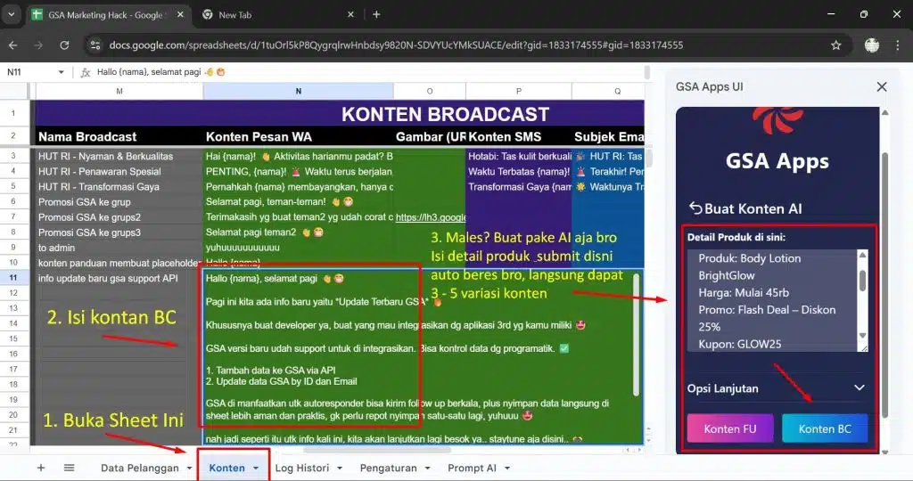tutorial blast wa - buat konten broadcast di gsa
