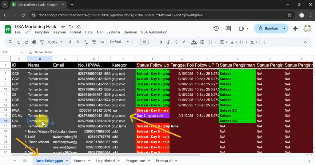 tutorial blast whatsapp - simpan data pelanggan di gsa