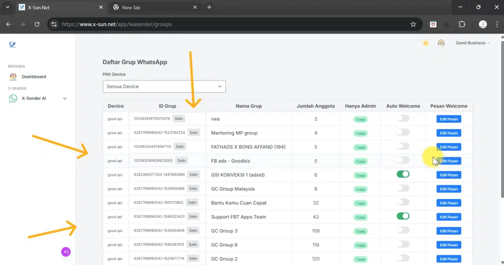 tutorial blast wa gratis - daftar grup wa di x-sender